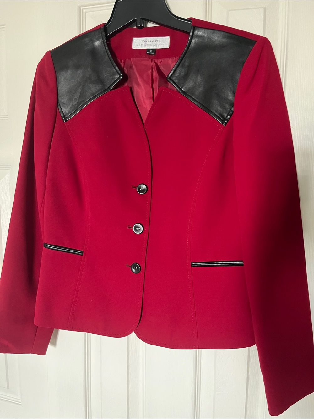 Tahari Red Blazer with Black Faux-Leather Trim